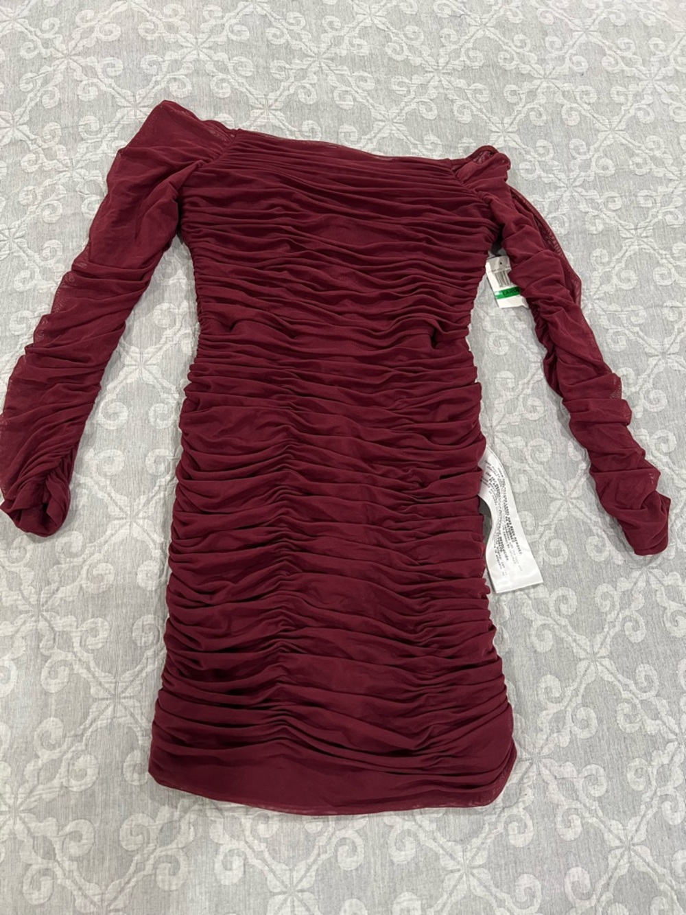 Dress the Population Burgundy Ruched Off-Shoulder Long Sleeve Dress